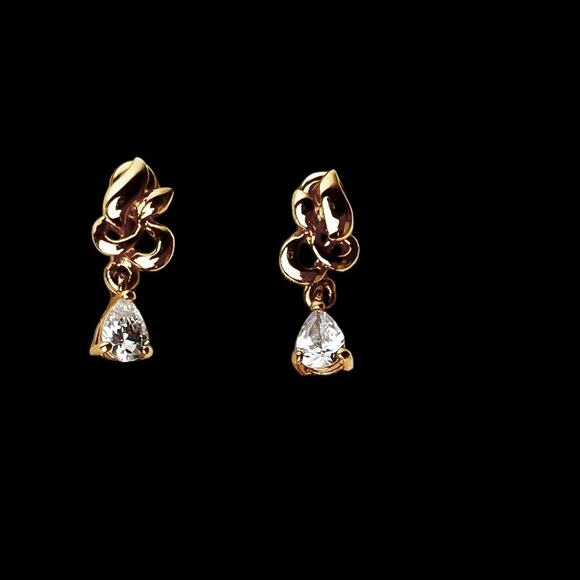 Rhinestone Dangle Earrings Teardrop Bright Clear Sparkle Shiny Gold Tone Post - Picture 6 of 9